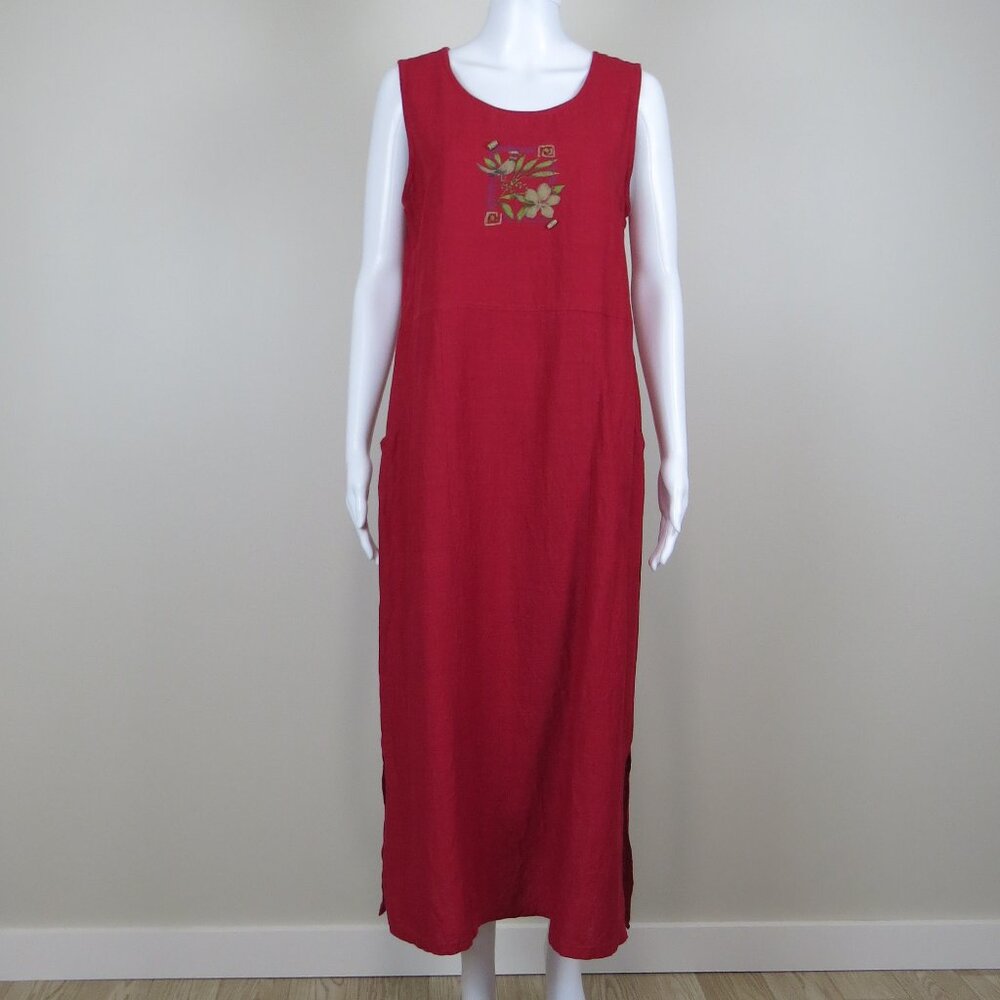 Erin London Silk Linen Blend Maxi Dress. Bead Detail. Pockets SIZE Medium RED